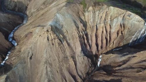 Aerial View of Glacial Creek Between Volcanic Hills in Iceland Highlands. Untouched Natural Beauty U