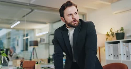 Business, thinking and man in office, documents and contemplation with report for tax survey