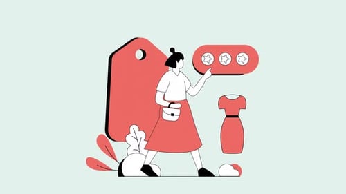 Flat Design Animation of Woman Shopping for Fashion with Product Reviews