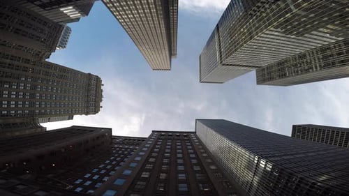 POV view of skyscraper buildings in the city. modern financial business district