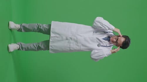 Full Body Of Asian Male Doctor With Stethoscope Having A Headache On Green Screen Background