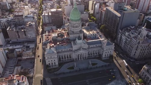4K Aerial shot of historic old Building of National Palace Congress in Buenos Aires during sunset -