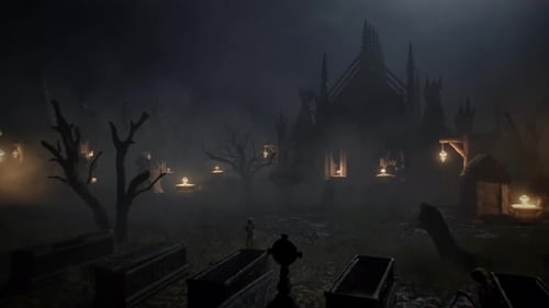 Atmospheric Graveyard Flythrough with Spooky Fog and Gothic Architecture