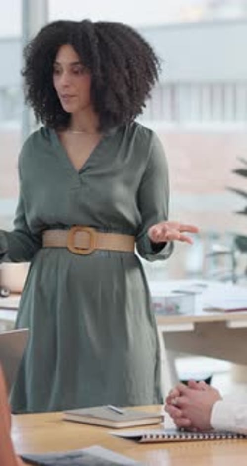 Business, woman and presenter for presentation, meeting or training in office with whiteboard