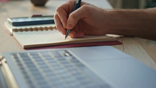Copywriter Hands Writing Copybook Working at Home Close Up Businessman Hands