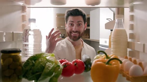 Point of View From Inside Refrigerator POV Caucasian Man Householder Homeowner Open Fridge Door