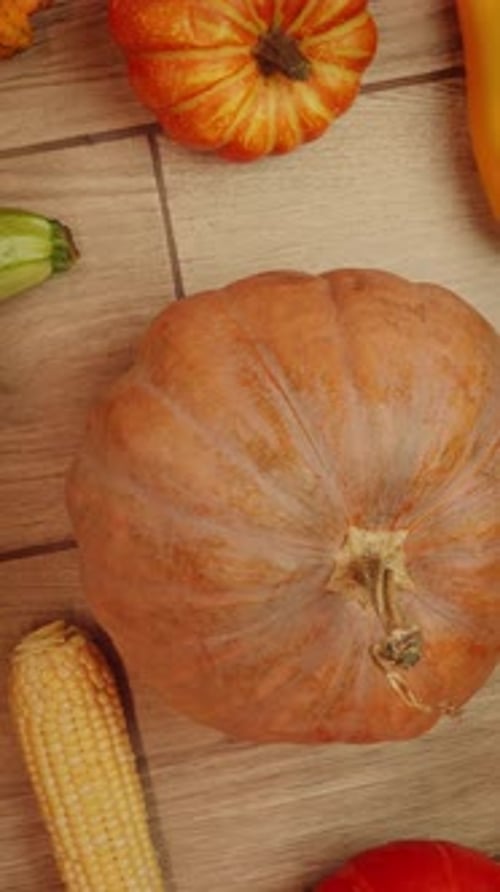 Different size pumpkins on wooden background, top rotating view. Vertical video