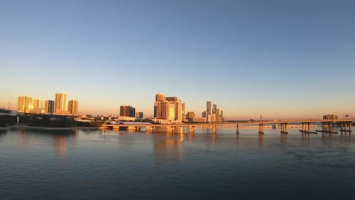 Urban city skyline during sunset golden yellow light on city during sunset video background in 4K