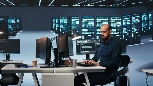 Experienced Person Typing Code on Computer Monitors in Data Center