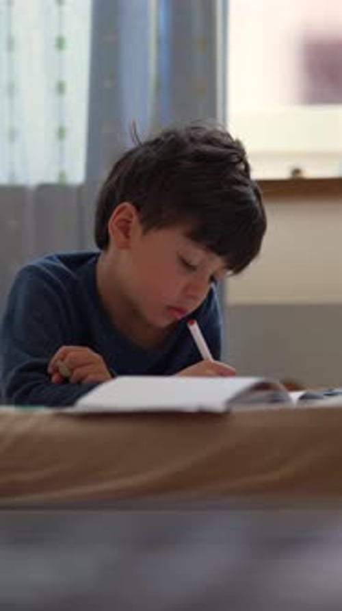 Young Boy Writing in Notebook Indoors