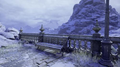 Snowy Mountain View with a Lonely Bench and Old Street Lamp at Twilight