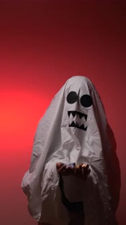 Vertical Video Persona in Ghost Costume Collecting Halloween Candy