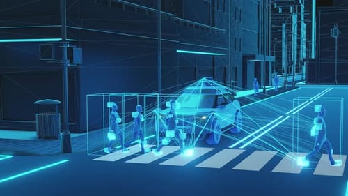 An autonomous vehicle uses advanced sensor technology to detect and navigate around pedestrians