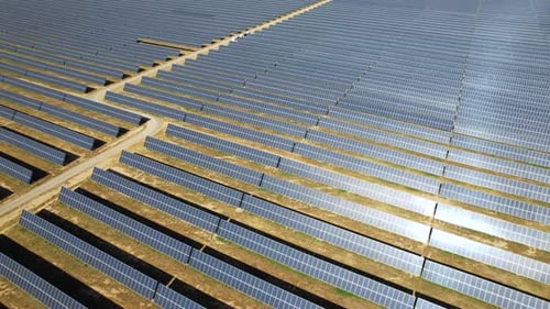 Solar panels field renewable green alternative energy concept in Aragon, Spain