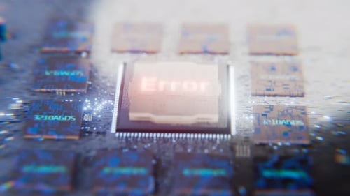 Kritische Fehlermeldung blinkt auf dem Prozessor. Fehlfunktion des Computers, Hackerangriff. Computersystem.