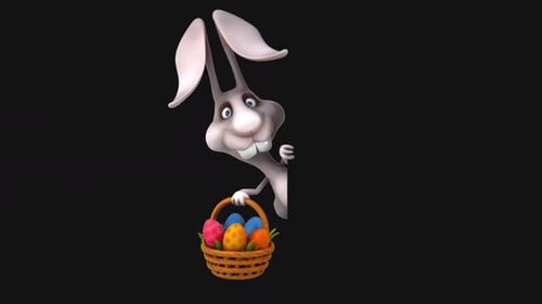 Lustiges 3D-Cartoon-Kaninchen mit Ostereiern (auf Alpha)