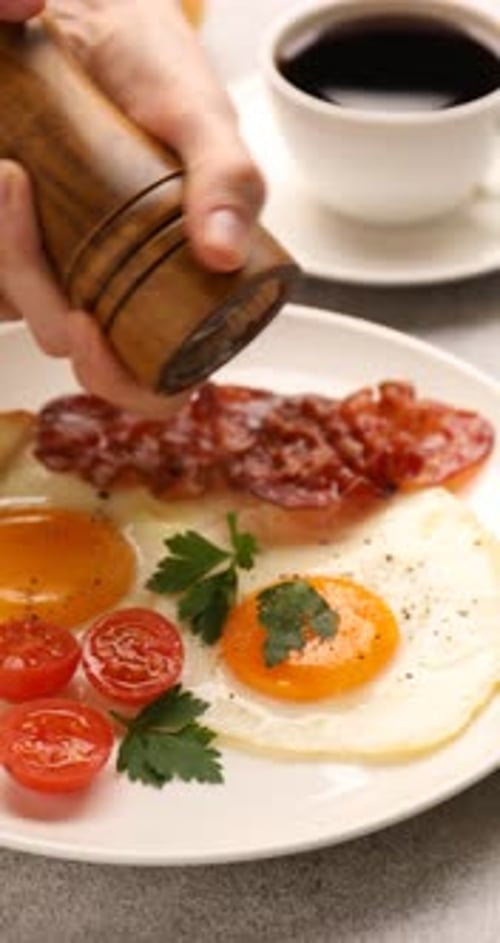 Overhead of Breakfast Plate with Coffee and Orange Juice