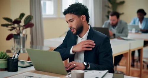 Business, man and massage with neck pain in office for muscle strain, posture mistake and burnout