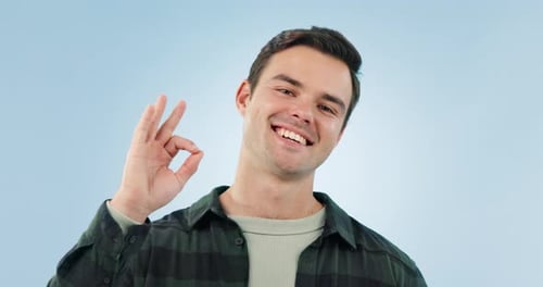 Face, smile and man in studio with perfect, hand or thank you for support gesture on blue