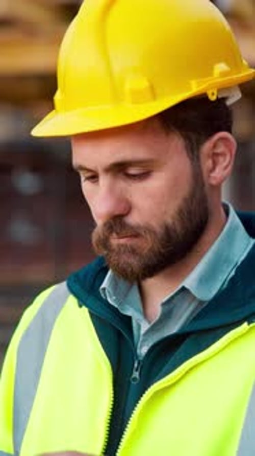 Man, architect and thinking with helmet on construction site for building design or planning