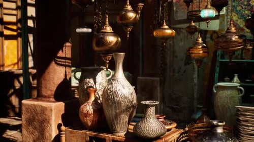 Old Market in a Small African Town Featuring Traditional Crafts and Pottery