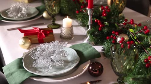 Decorated Holiday Dinner Table with Green and Red