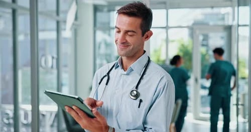 Face, doctor and happy man with tablet in hospital for healthcare service, telehealth or wellness