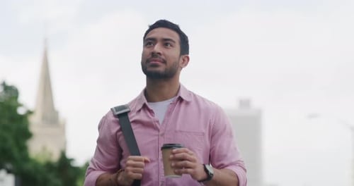 Walking, employee and man with coffee, outdoor and travel to work in city