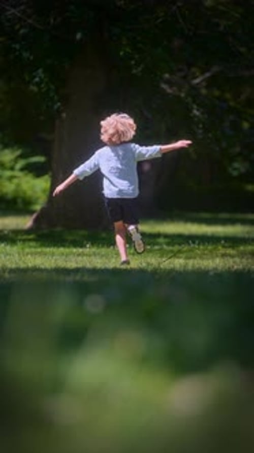 Criança correndo por uma floresta iluminada pelo sol
