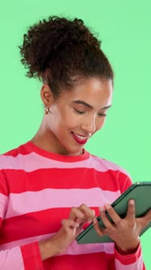 Green screen, woman and happy student with tablet for research, education results and scholarship