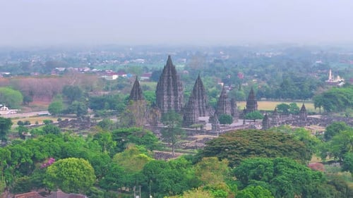 Aerial forward Shot of Prambanan Temple. Hinduism Temple in Central Java and Yogyakarta.
