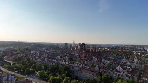 Aerial Drone Video Flying Over the Historic Tourist Center of Gdansk on a Summer Afternoon Poland