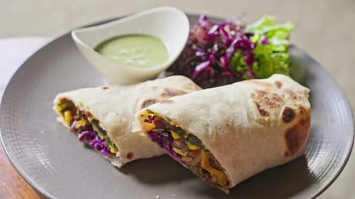 Vegetables Corn Cabbage Wrapped in Pita Bread Vegan Shawarma Close Up