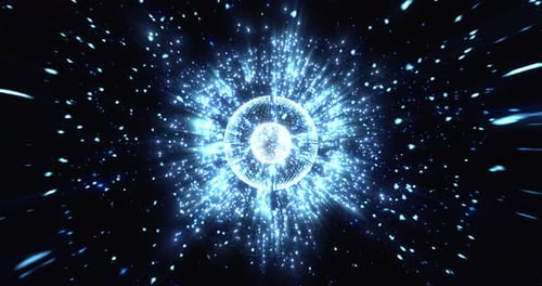 Leuchtende Energiekugel aus Partikeln und Punkten strahlt Lichtstrahlen aus, futuristische Weltraumszene