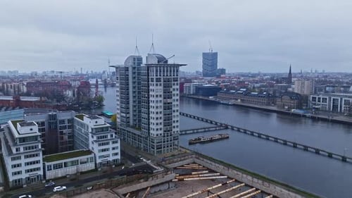 Aerial view of modern buildings on the bank of spree river