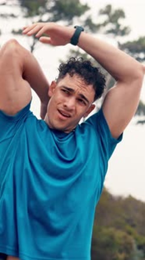 Mountain, stretching and man for fitness, exercise and workout for health or mobility