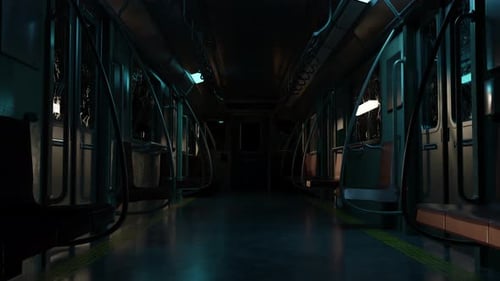 Intérieur sombre d'une voiture de métro avec des lumières vacillantes traversant un tunnel