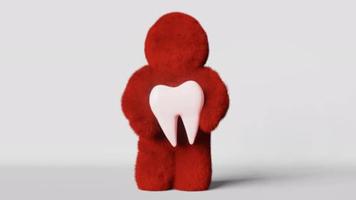 Furry Yeti monster holds red aching painful molar tooth 3D animation loop Toothache Creative 4K