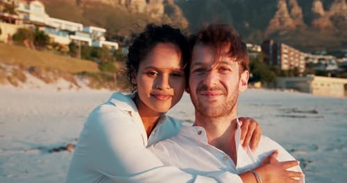 Face, hug and couple on vacation, beach and romance for valentines day on trip