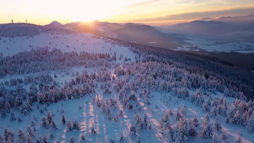 Sunrise Winter Mountains Landscape Snowy Forest Aerial