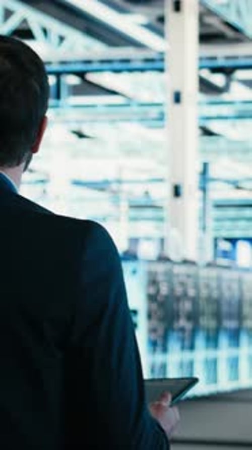 Vertical Video Writing Code Tablet Closeup and Engineer in Data Center