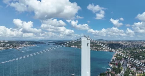 Istanbul Bosphorus Bridge and City Skyline in Background with Turkish Flag at Beautiful Sunset