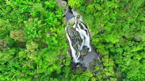 Beautiful waterfall in the green tropical forest. Drone aerial view.