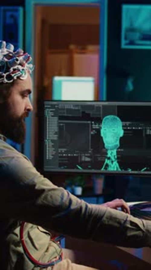 Vertical Video Computer Engineer Starting Mind Upload Process Using Green Screen PC