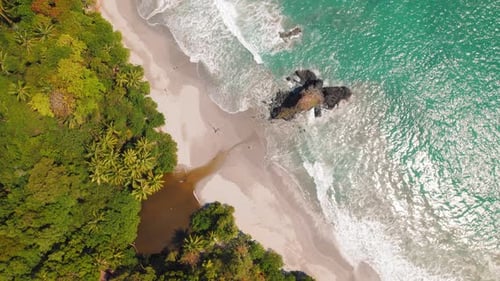 Drone view of Espadilla beach where jungle meets the Pacific Ocean in Costa Rica