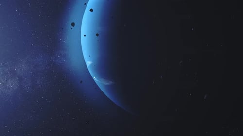 Planet Neptun mit nahe fliegenden Meteoren, Sonnensystem.