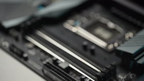 Closeup Extreme Selective Focus of New Motherboard GIGABYTE Z690 AORUS ELITE CPU Installation Slot