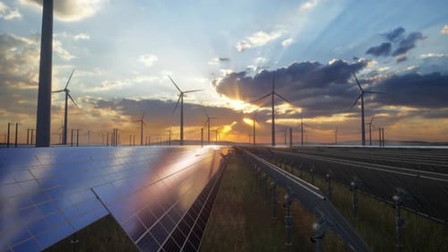 Alternative Energy Sources With Wind Mill And Solar Panel For Green Energy Production