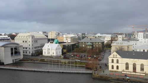 Aerial view over colored rooftops in Reykjavik, Iceland.