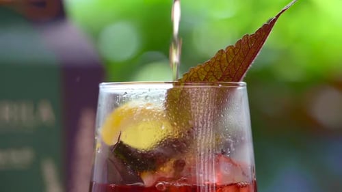 Liquid Being Poured into a Glass with Lemon and Herbs
